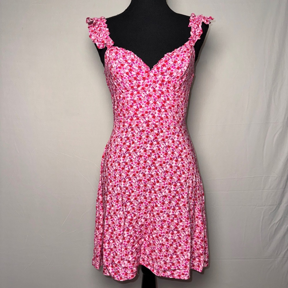 B. Smart Pink Floral Ruffle Strap Mini Dress Sweetheart Neck J6NNV972 Size 1